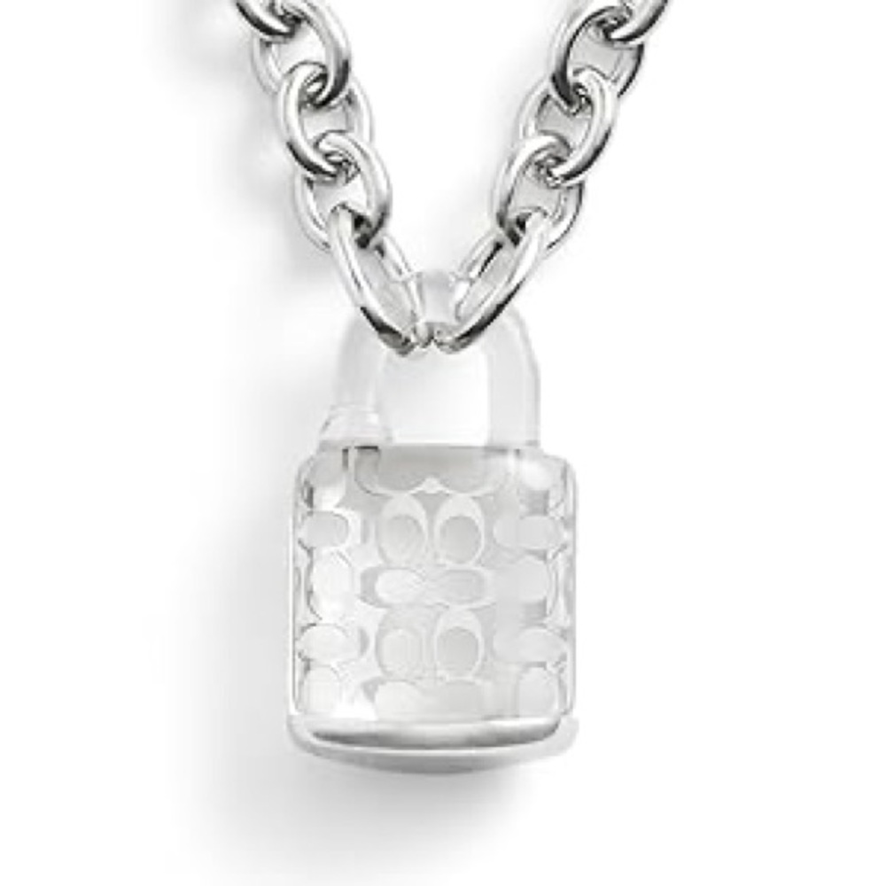 COACH Signature Lucite Padlock Pendant Necklace Silver Tone Clear C NWT